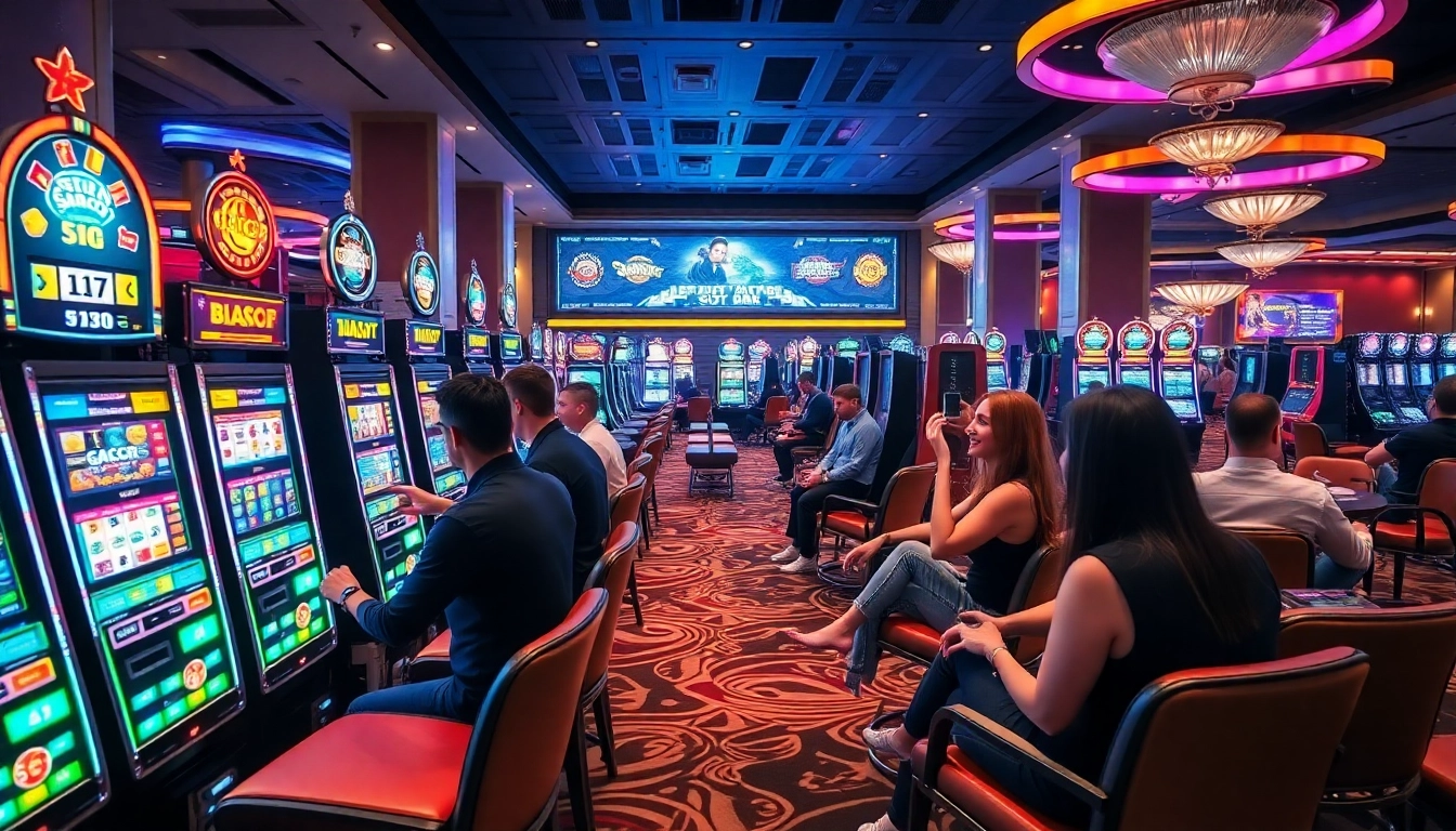 Players enjoying the exciting slot gacor machines at a modern casino with vibrant lights.