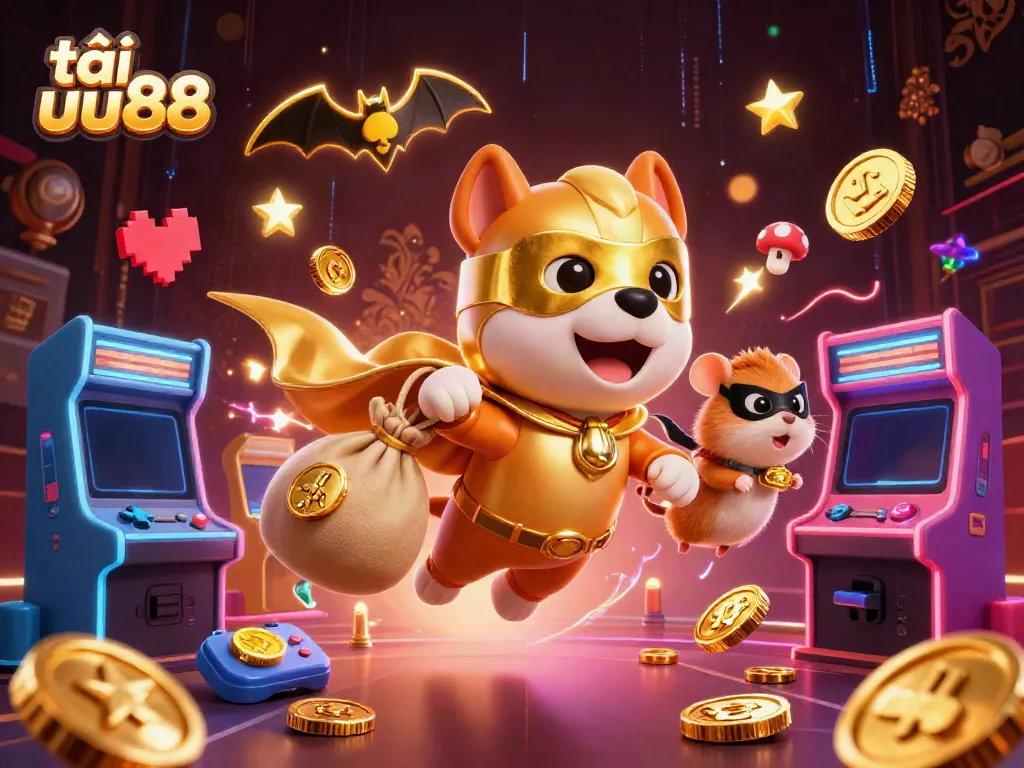 Capture excitement with tải uu88, showcasing friendly 3D superhero dog and hamster in a dynamic casino arcade.