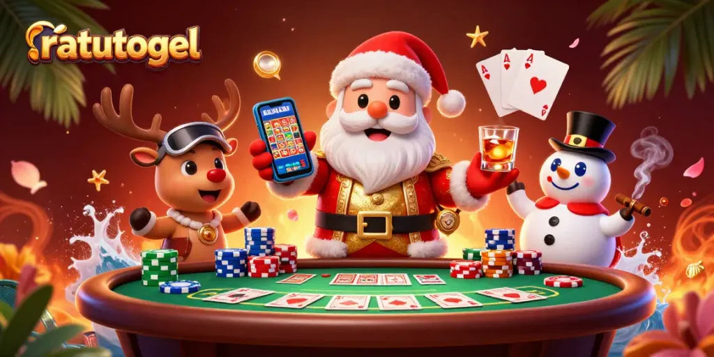 ratutogel features a festive casino scene with Santa, a reindeer dealer, and a poker-chip snowman.