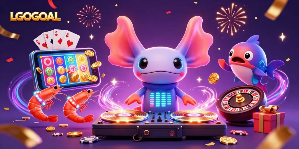 Experience thrilling gameplay with LGOGOAL as vibrant characters celebrate wins in 3D digital art.