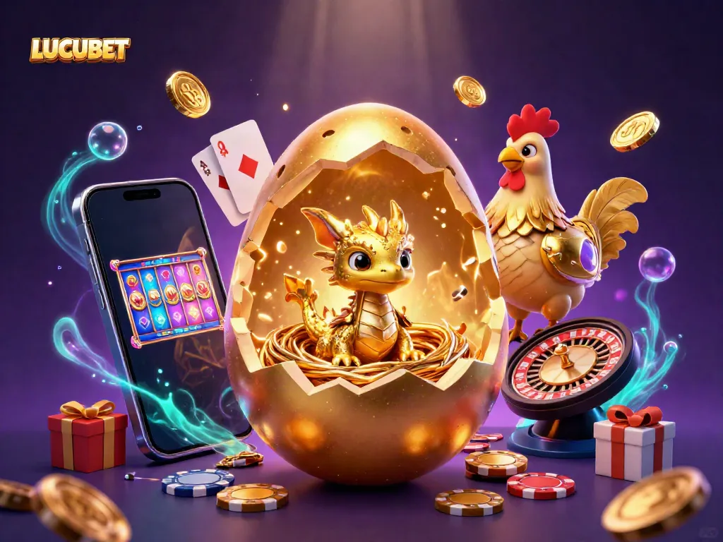 LUCUBET unveils a captivating scene of a golden dragon emerging from a nest of poker chips amidst vibrant gambling games.