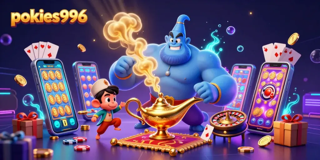 Engage with pokies996 by enjoying colorful slot games, poker chips, and a lively casino atmosphere.