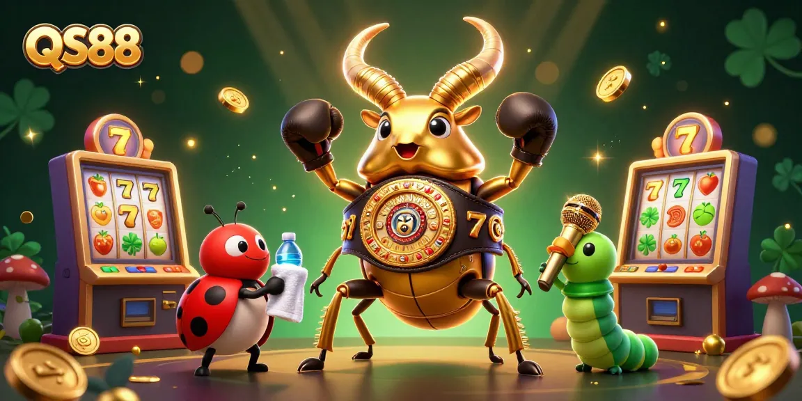 Experience excitement with QS88 in a vibrant casino-themed scene featuring unique characters and slot machines.