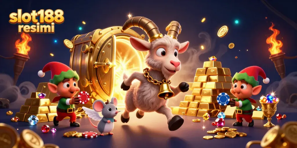 Pengalaman bermain slot188 resmi dengan suasana kasino penuh harta karun dan karakter menyenangkan.