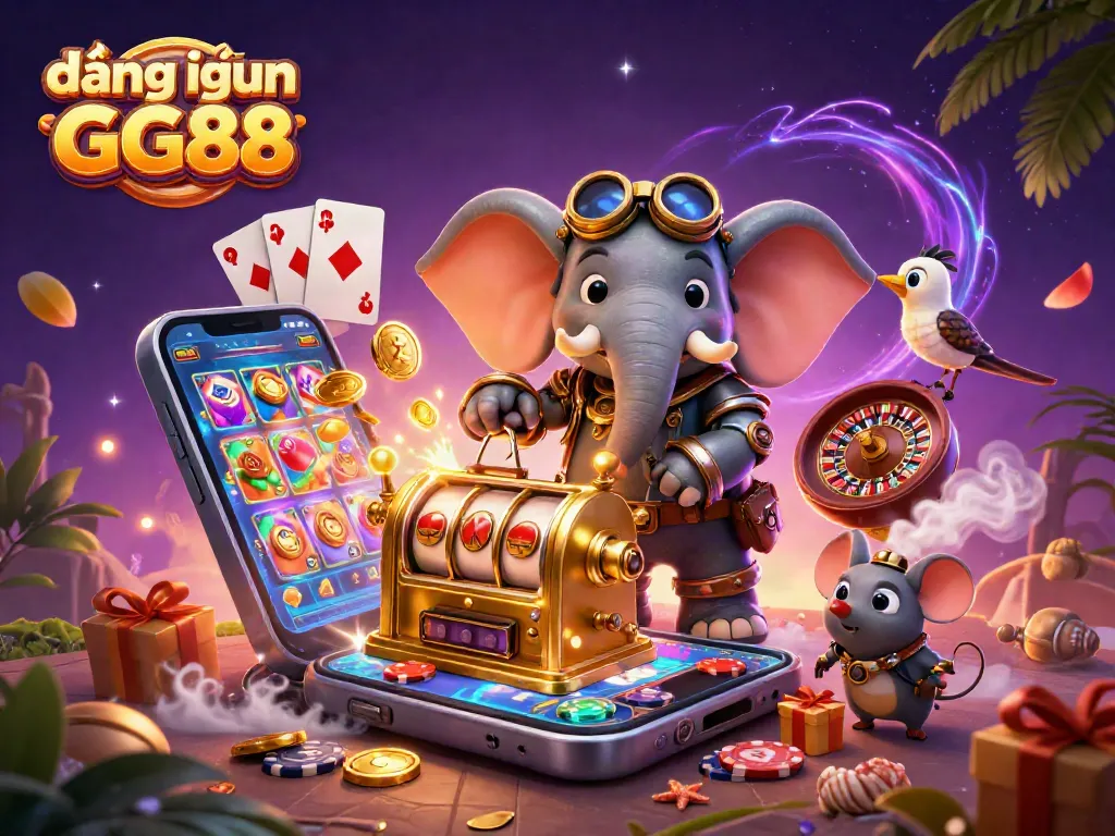 Engage with the vibrant world of đăng nhập GG88, featuring a steampunk elephant engineer and dynamic casino elements.
