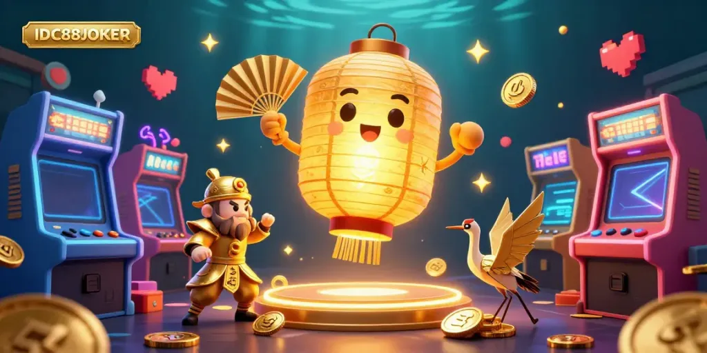 Experience IDC88JOKER's vibrant gaming universe with a magical lantern spirit and dynamic arcade visuals.
