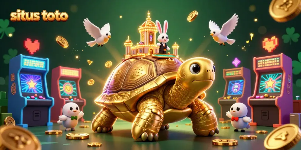 Bermain situs toto dengan kura-kura emas dan dealer kelinci di meja kasino yang megah.