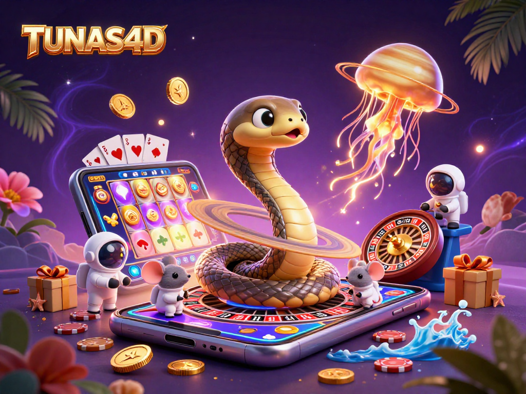 TUNAS4D enhances excitement as astronaut mice bet on a roulette wheel ringed by Saturn, amidst dynamic game elements.