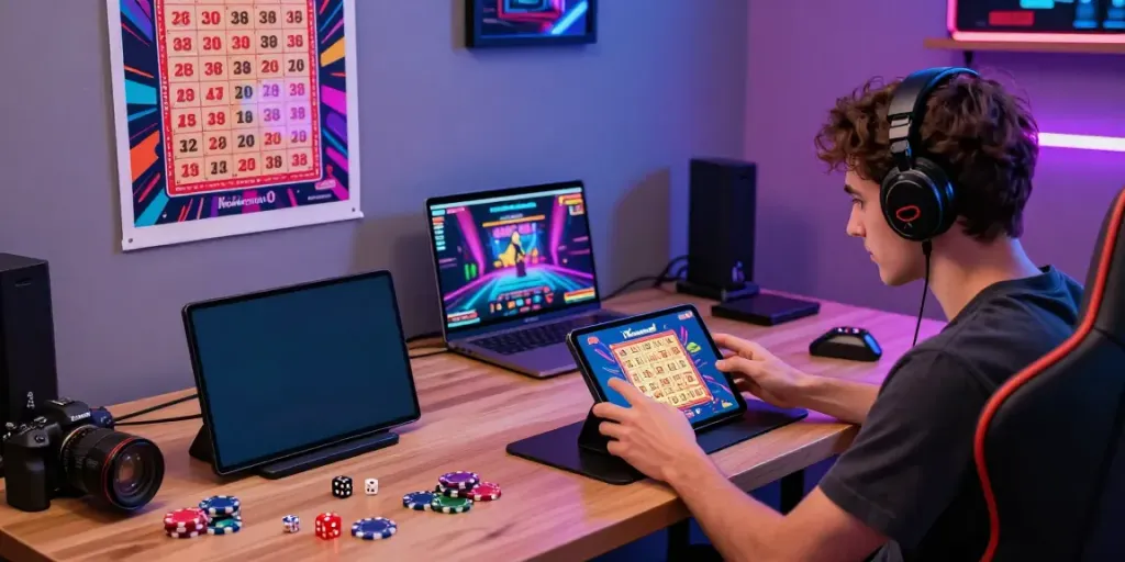 Gamer asyik memainkan permainan lotere di smartphone dengan tema bukumimpi138 di ruang modern.
