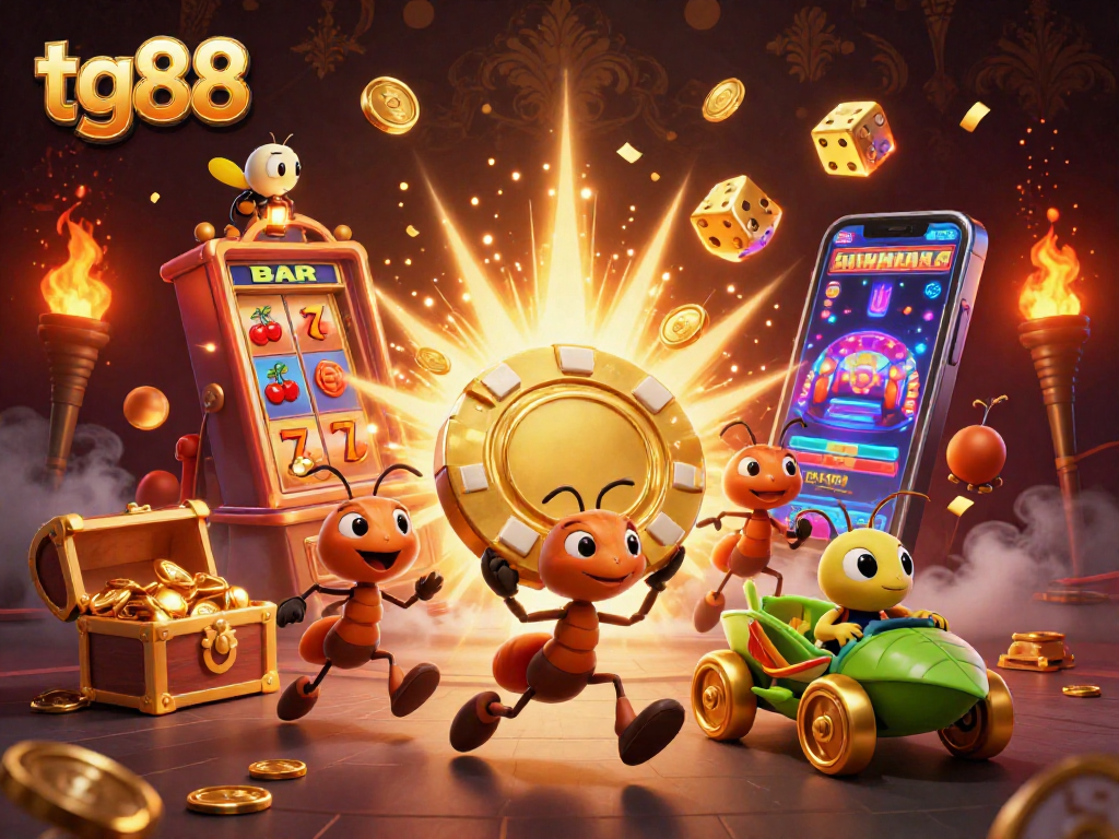 tg88 enhances excitement with cartoon ants heisting a giant golden poker chip amidst a thrilling casino backdrop