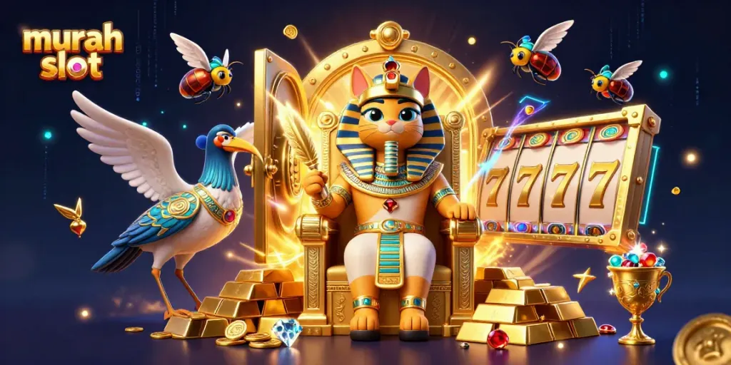 Temukan pengalaman slot terbaik di murah slot dengan ilustrasi 3D yang penuh dengan simbol dan elemen kasino.