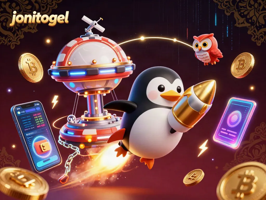 Engage with jonitogel's thrilling universe featuring a golden penguin and crypto riches.