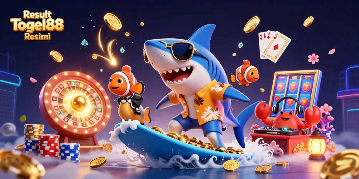Engage with Result Togel88 Resmi while surfing a wave of gold and vibrant casino elements in this colorful illustration.