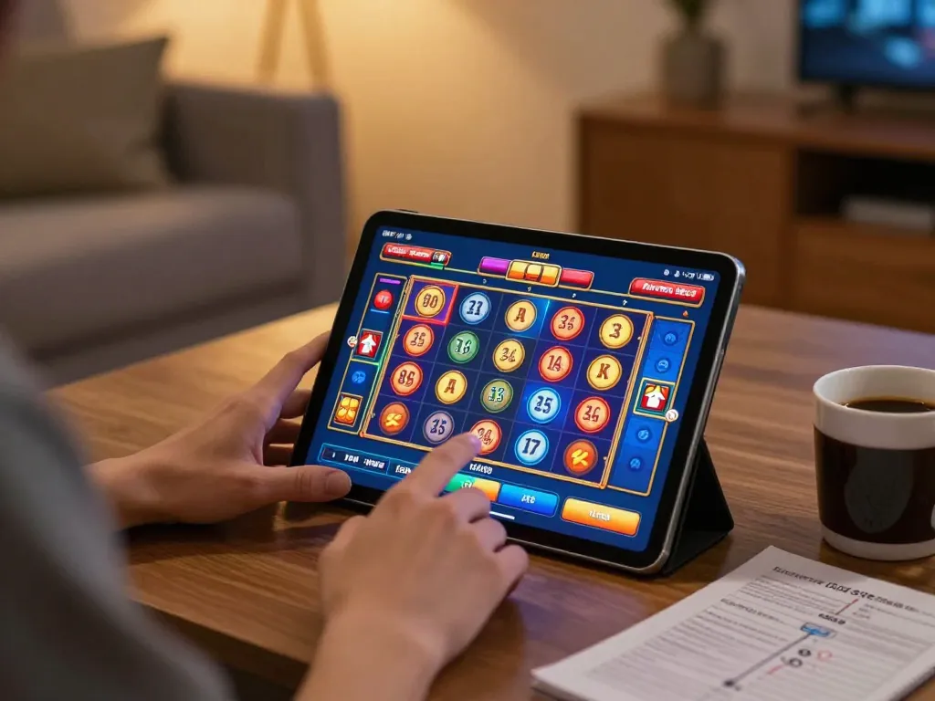 LIGALGO user engaged in mobile gaming, showcasing online slot excitement in a cozy home.