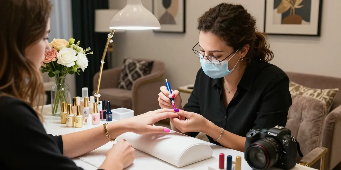 Pemandangan dalam salon kuku mewah dengan LUXURY 12, teknik nail art elegan dan produk berkualitas tinggi di meja yang stylish.