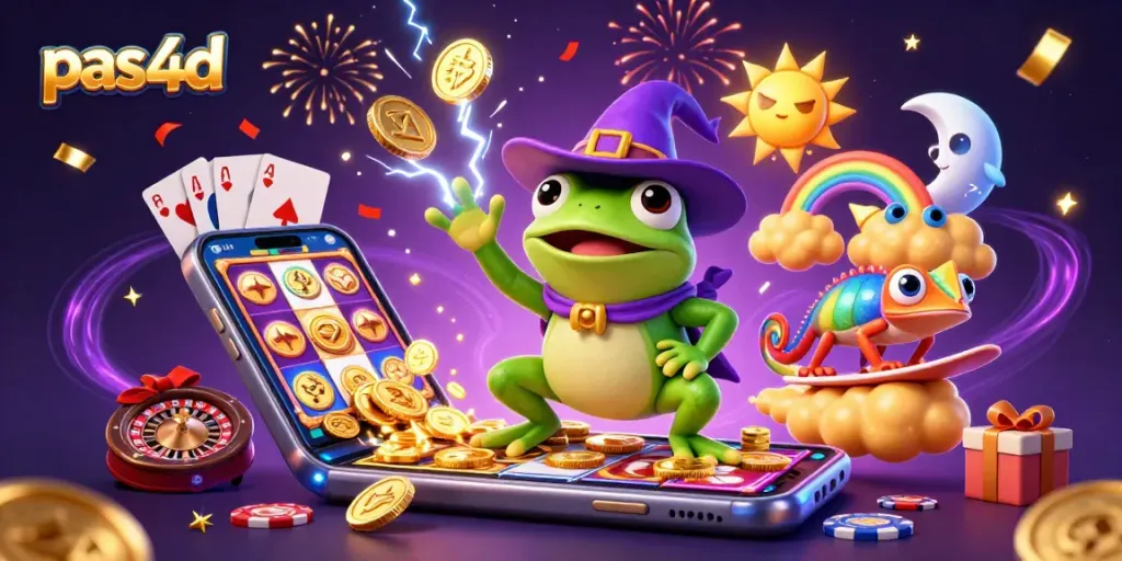 Pas4d menghadirkan pengalaman slot yang menarik dengan pencipta koin emas di latar belakang penuh warna.