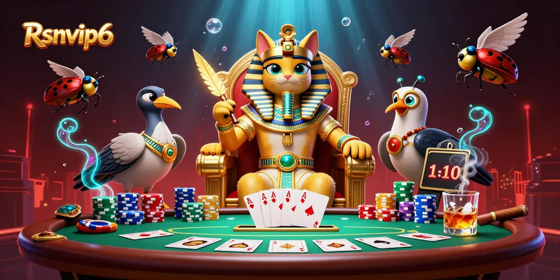 Rasakan aksi kasino yang mendebarkan dengan Rsnvip6 menampilkan kucing firaun Mesir dalam adegan poker yang mewah.