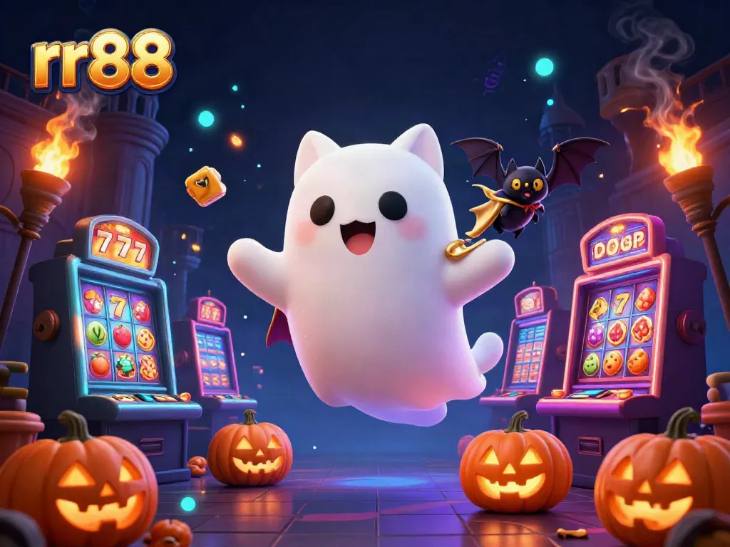 Engage in thrilling gameplay with rr88 at a haunted casino, featuring a floating ghost cat, vampire bat, and glowing jack-o-lanterns.