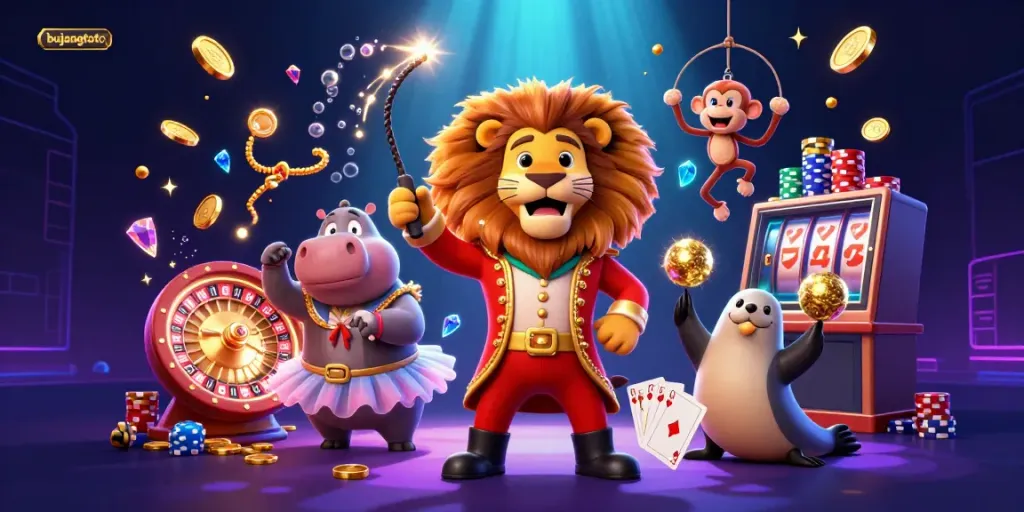 Engage with bujangtoto's fun-filled 3D casino scene featuring colorful characters and thrilling gaming elements.