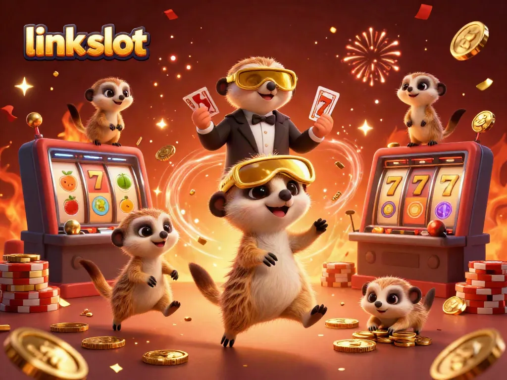 Merayakan kemenangan jackpot link slot dengan koloni meerkat, menampilkan suasana kasino yang meriah.