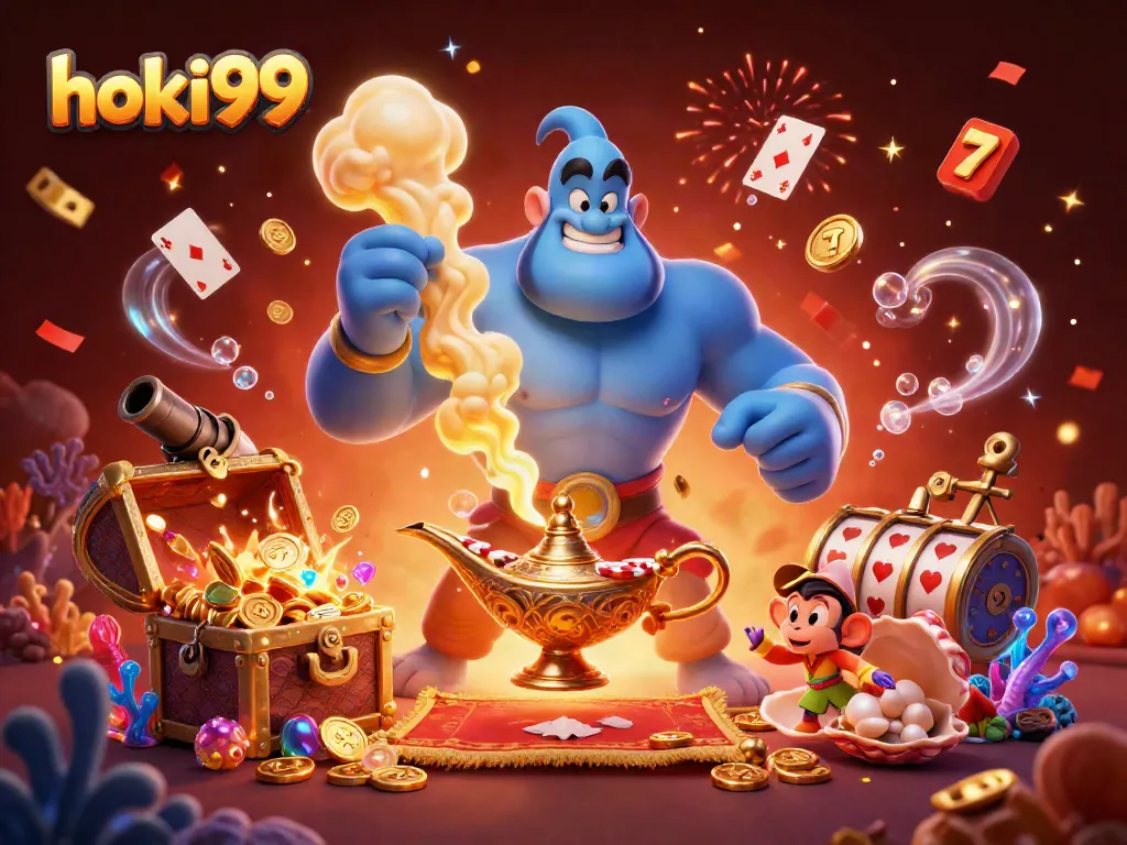 Rasakan keseruan hoki99 dengan karakter genies dan uang tunai dalam ilustrasi 3D yang kaya detail