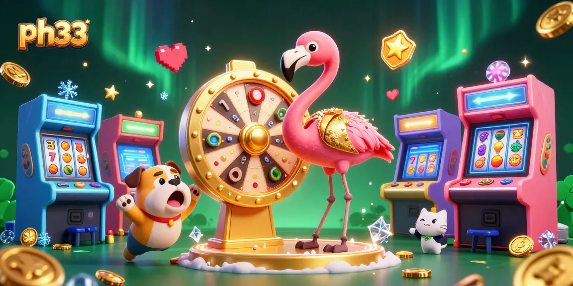 Experience the excitement of ph33 casino gaming with 3D characters spinning a prize wheel amidst vibrant elements.