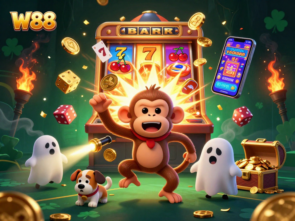 W88's engaging gaming atmosphere showcasing a mischievous monkey juggling casino treasures and a curious puppy tracking it.