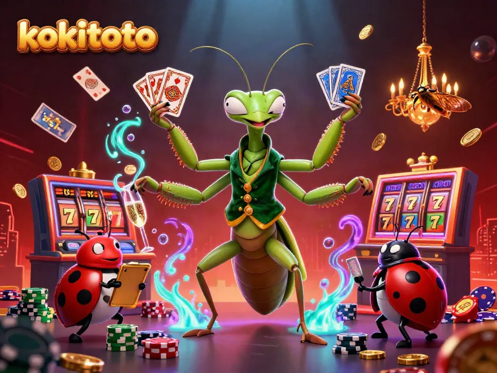 KOKITOTO menghadirkan ilustrasi 3D kasino yang penuh semangat dengan karakter menarik dan elemen permainan kartu.