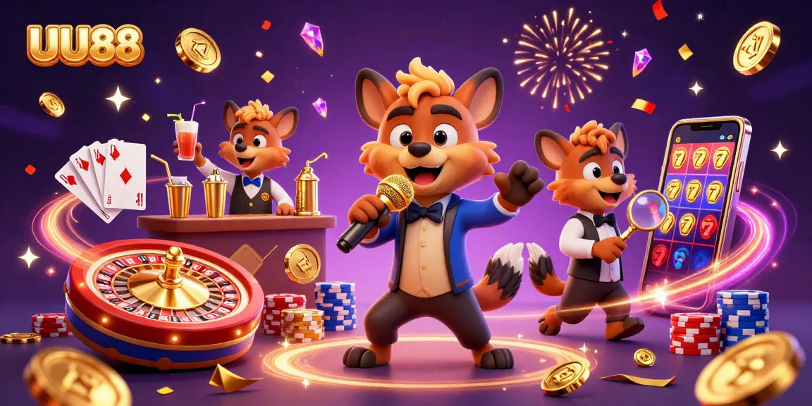 Join the fun at UU88 with hyenas comedy and casino elements in this vibrant illustration.