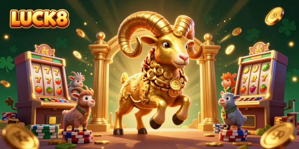 LUCK8 features a charging golden ram amidst vibrant slot machine elements in a dazzling casino scene.