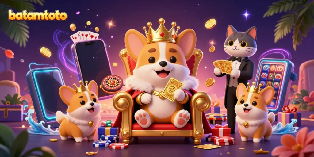 Engage in fun casino moments at batamtoto with lively corgi characters and gambling elements.