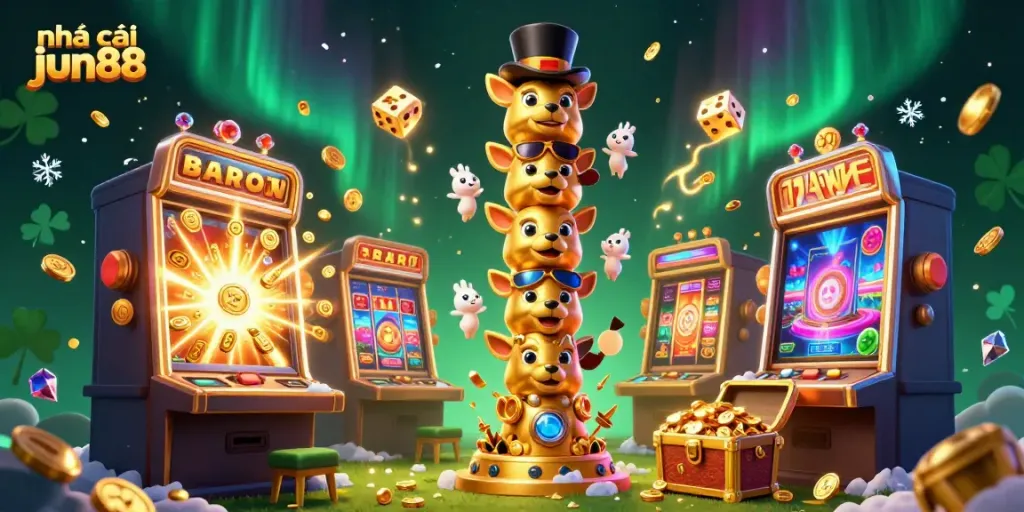 Experience excitement with nhà cái jun88's vibrant 3D casino illustration featuring a totem pole and dynamic gaming elements.