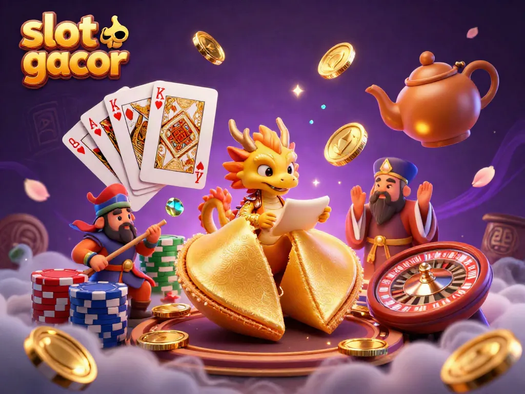 Experience the thrill of 'slot gacor' with cascading coins and a wise dragon in this vibrant illustration.