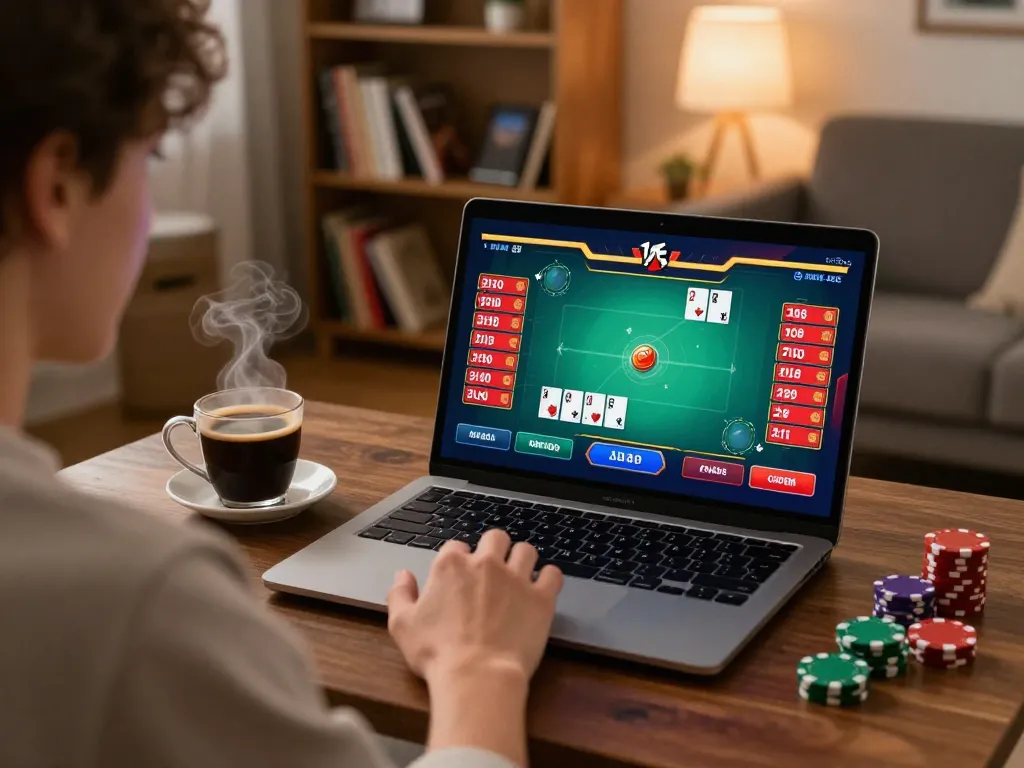 Engaging poker gameplay on laptop at home, showcasing fatfishcantinagrill gaming strategies.