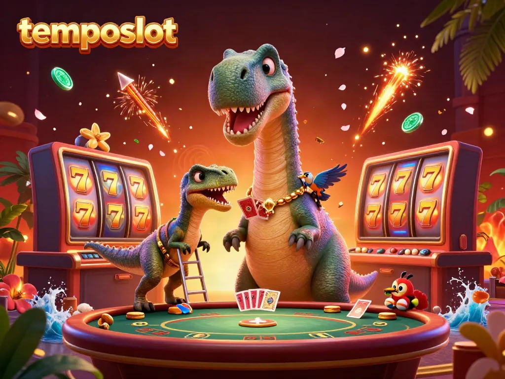Experience thrilling gameplay with temposlot in a vibrant casino scene featuring a dinosaur and raptor.