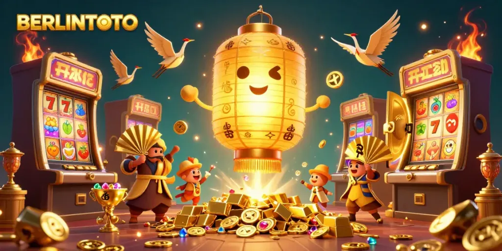 Experience the vibrant world of BERLINTOTO with golden casino elements and lucky symbols illuminating the scene.