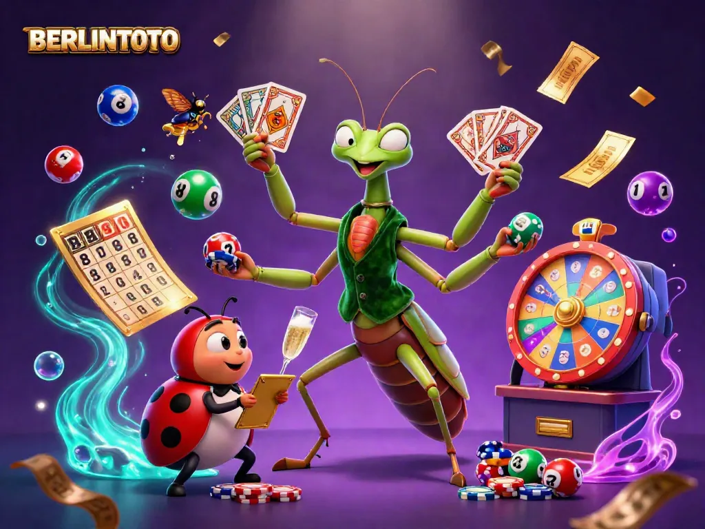 Berlintoto showcases a vibrant scene of a giant mantis card sharp and ladybug pit boss amidst colorful lottery elements in a casino.