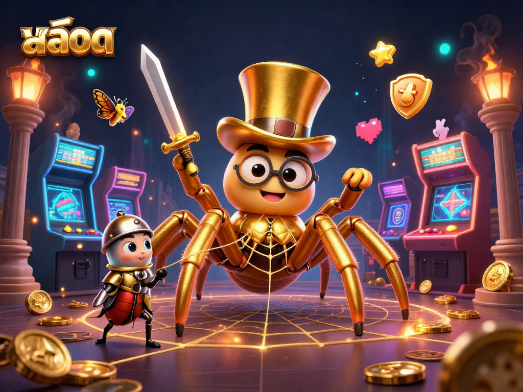 Engage with สล็อต in a vibrant game scene featuring golden creatures and arcade machines.