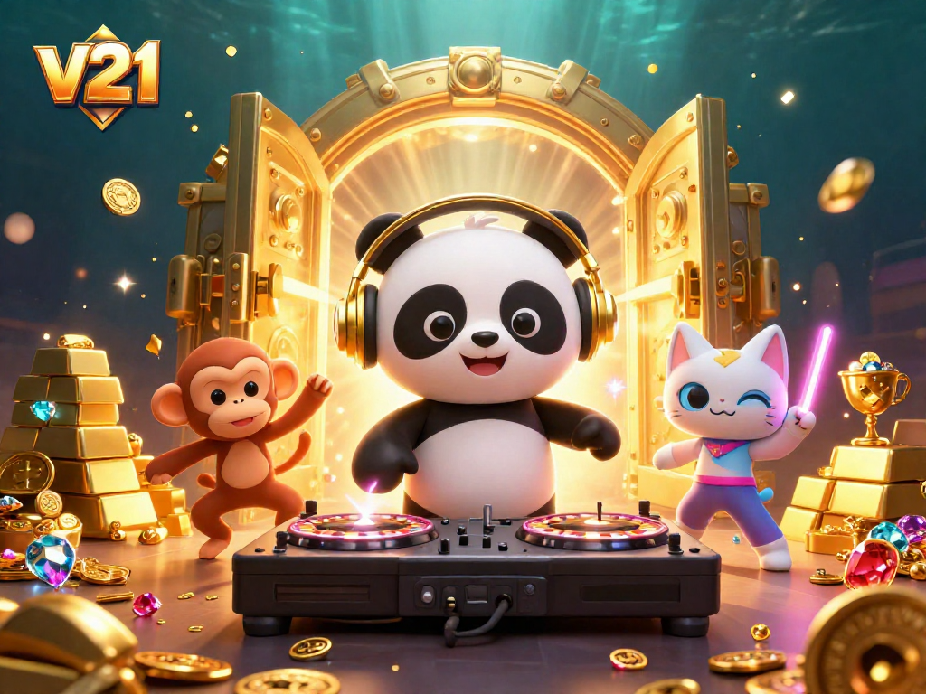Gimkan serunya v21 dengan DJ panda dan singa monyet menari di kasino virtual.