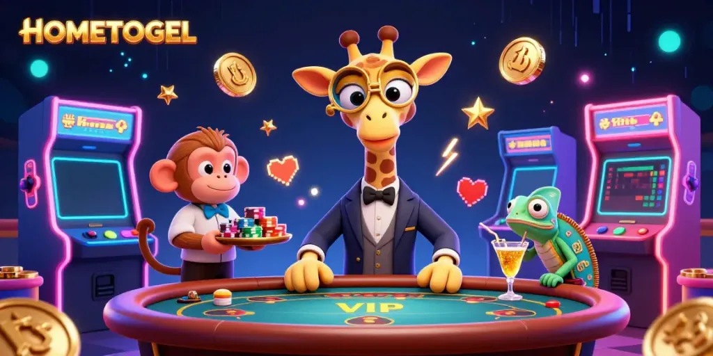 Experience the thrill of HOMETOGEL with a cartoon giraffe at a VIP poker table, vibrant casino elements surrounding