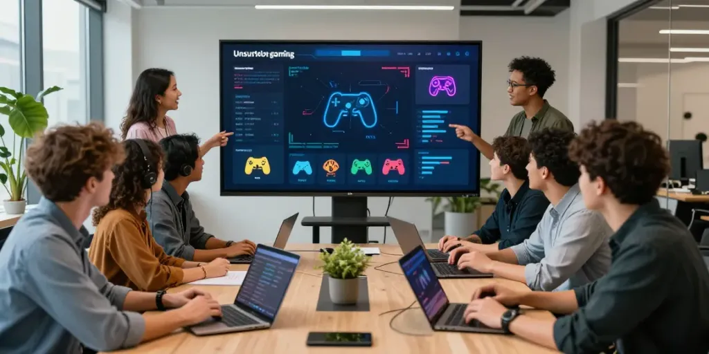 Team collaborating on unsurtoto strategies at a modern office.