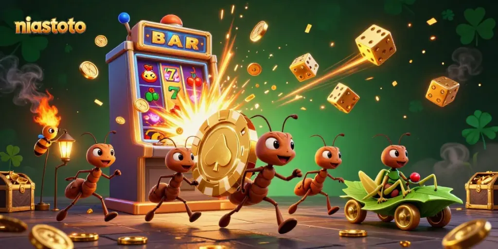 Engage with niastoto's thrilling cartoon heist scene of ants, a firefly, and a grasshopper amidst a jackpot explosion.