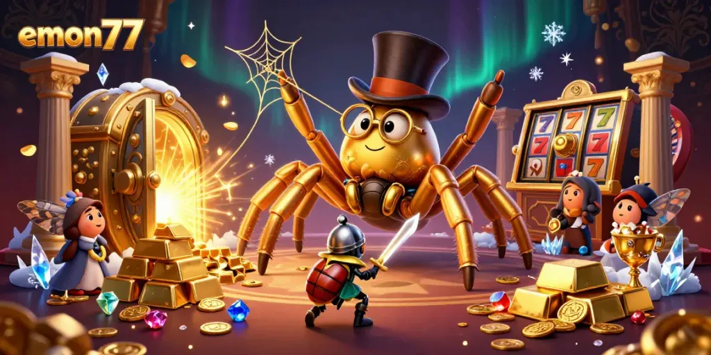 Engage with the vibrant scene of emon77 featuring a golden tarantula and beetle knight amid slot machines.