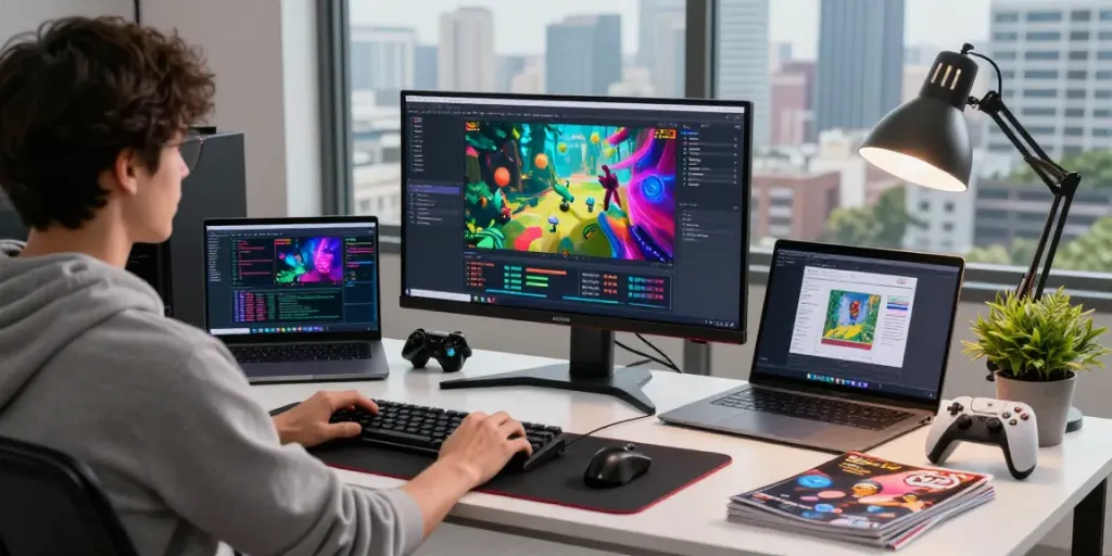 Dynamic gaming workspace showcasing jebol wd development tools and vibrant game art.