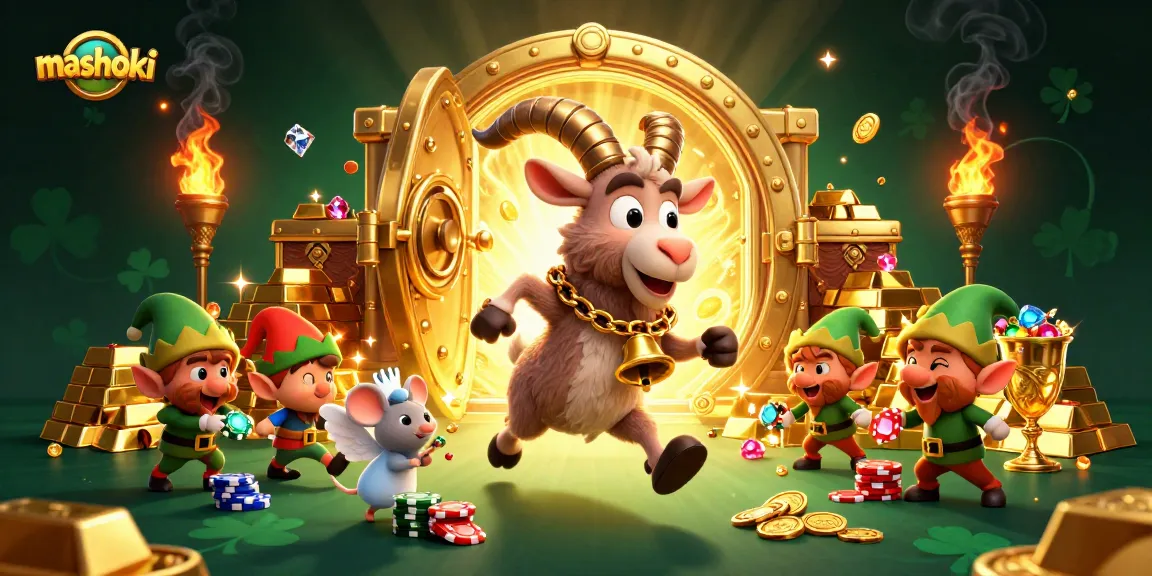 Mashoki-themed casino illustration featuring Krampus goat, angel mouse, and elf gremlins in a vibrant, chaotic scene.