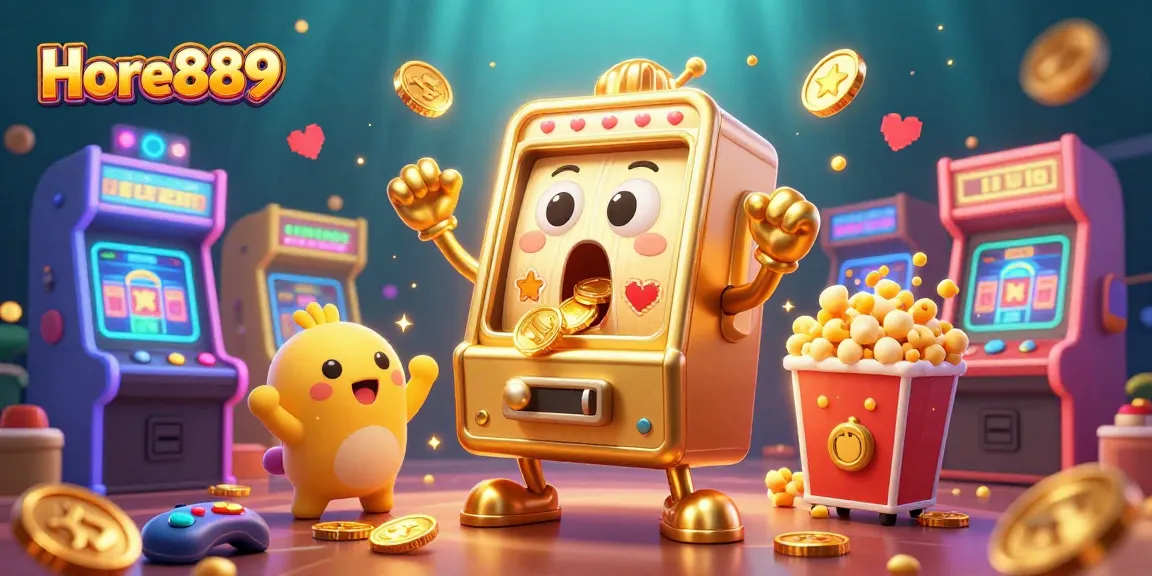 Hore889 slot machine hitting a jackpot with coins pouring out, showcasing lively casino atmosphere.