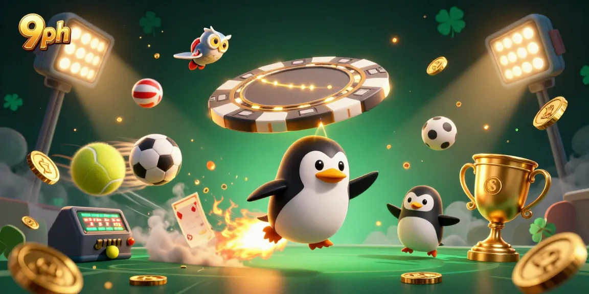 Experience exciting gambling with 9ph's golden penguin soaring past a vibrant casino space station.