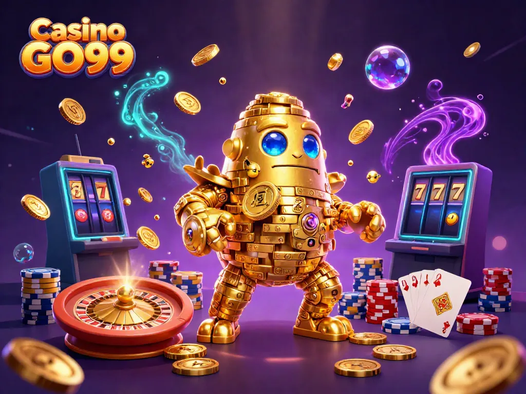 Engaging scene showcasing Casino GO99 with a playful golden golem amidst cascading coins and roulette elements.