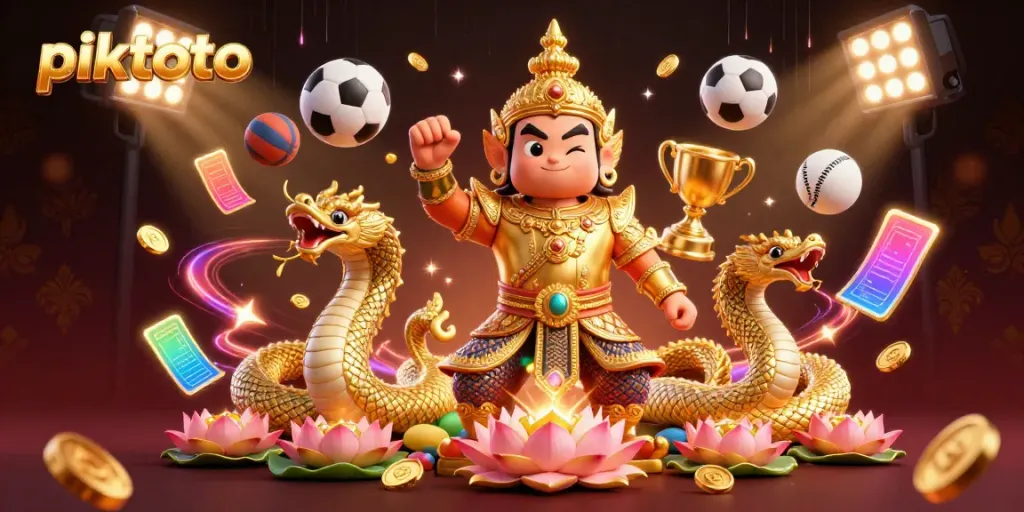 Piktoto features a vibrant casino-themed illustration showcasing a guardian and Naga surrounded by dynamic sports elements.