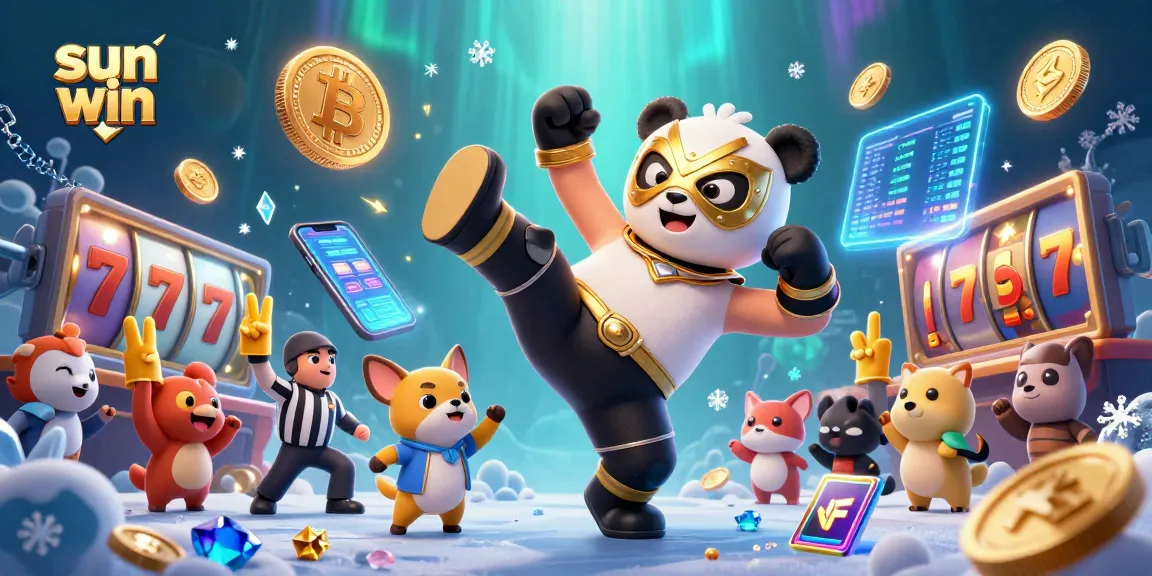 Experience the excitement of sun win with a panda wrestler in action amidst crypto elements in this dynamic illustration.